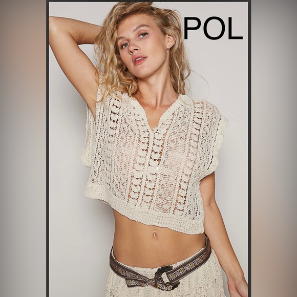Bp31-8⭐️NEW! POL Cream Crochet Top w/ v-neck+stunning textural interest! Wow! - Picture 4 of 6